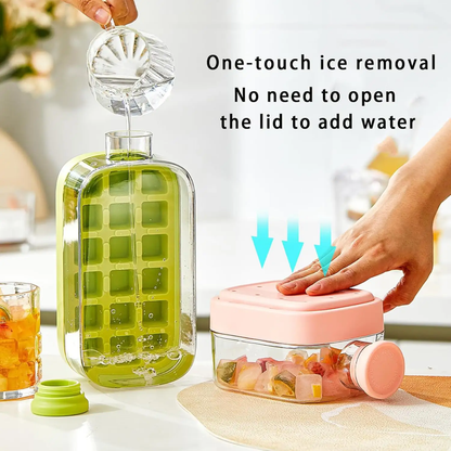 2 in 1 Ice Cube Maker Water Bottle, One- Click Ice Mould Tray with Lid, Bin & Straw