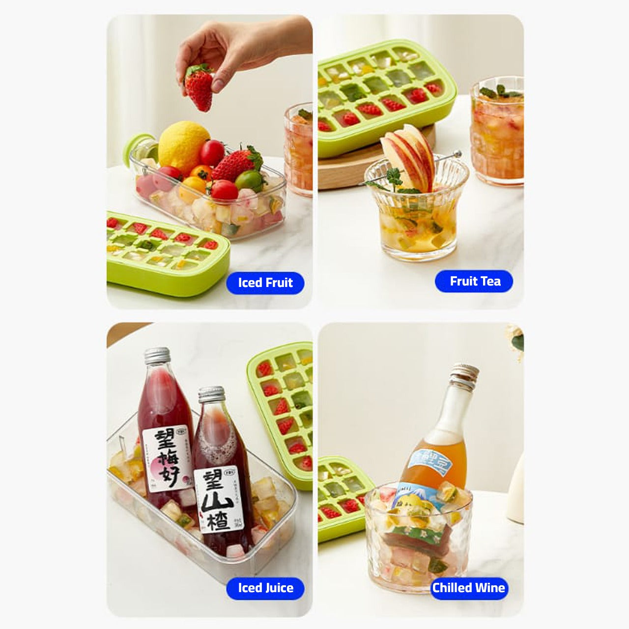 2 in 1 Ice Cube Maker Water Bottle, One- Click Ice Mould Tray with Lid, Bin & Straw