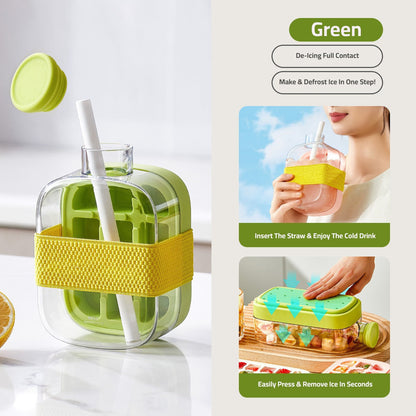 2 in 1 Ice Cube Maker Water Bottle, One- Click Ice Mould Tray with Lid, Bin & Straw