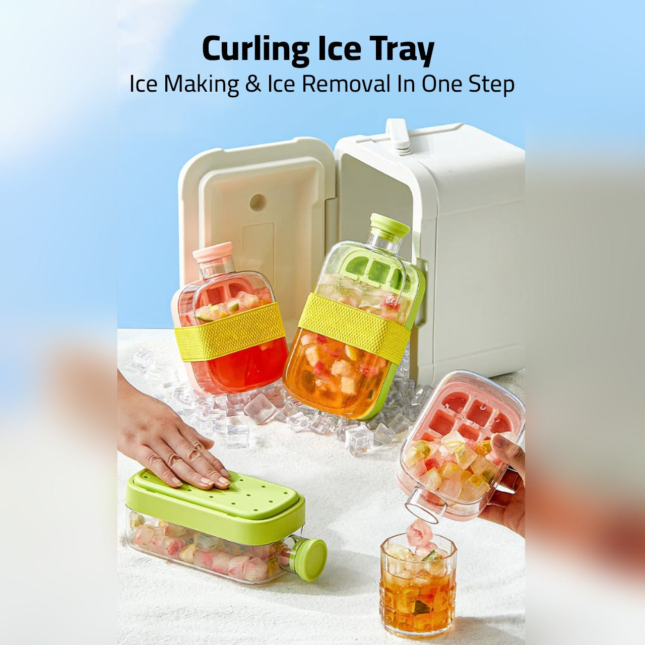 2 in 1 Ice Cube Maker Water Bottle, One- Click Ice Mould Tray with Lid, Bin & Straw