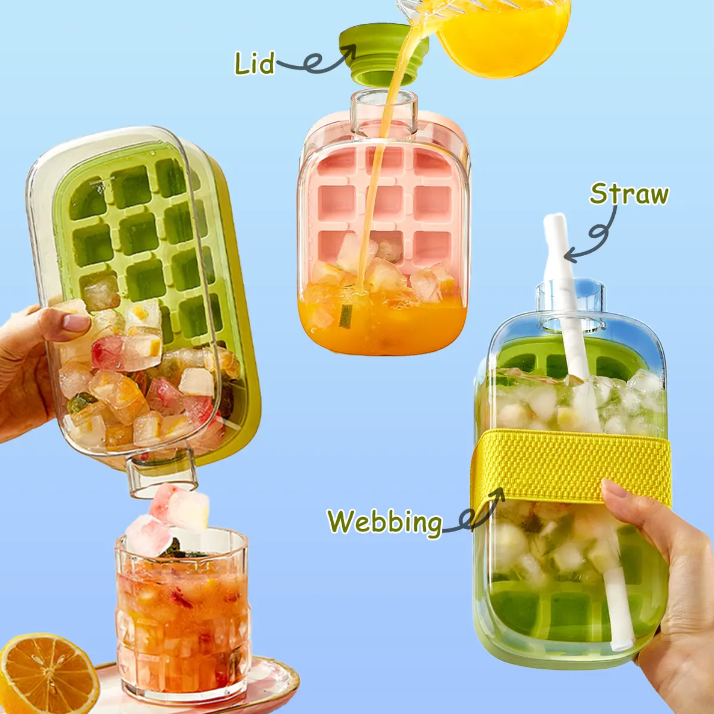 2 in 1 Ice Cube Maker Water Bottle, One- Click Ice Mould Tray with Lid, Bin & Straw