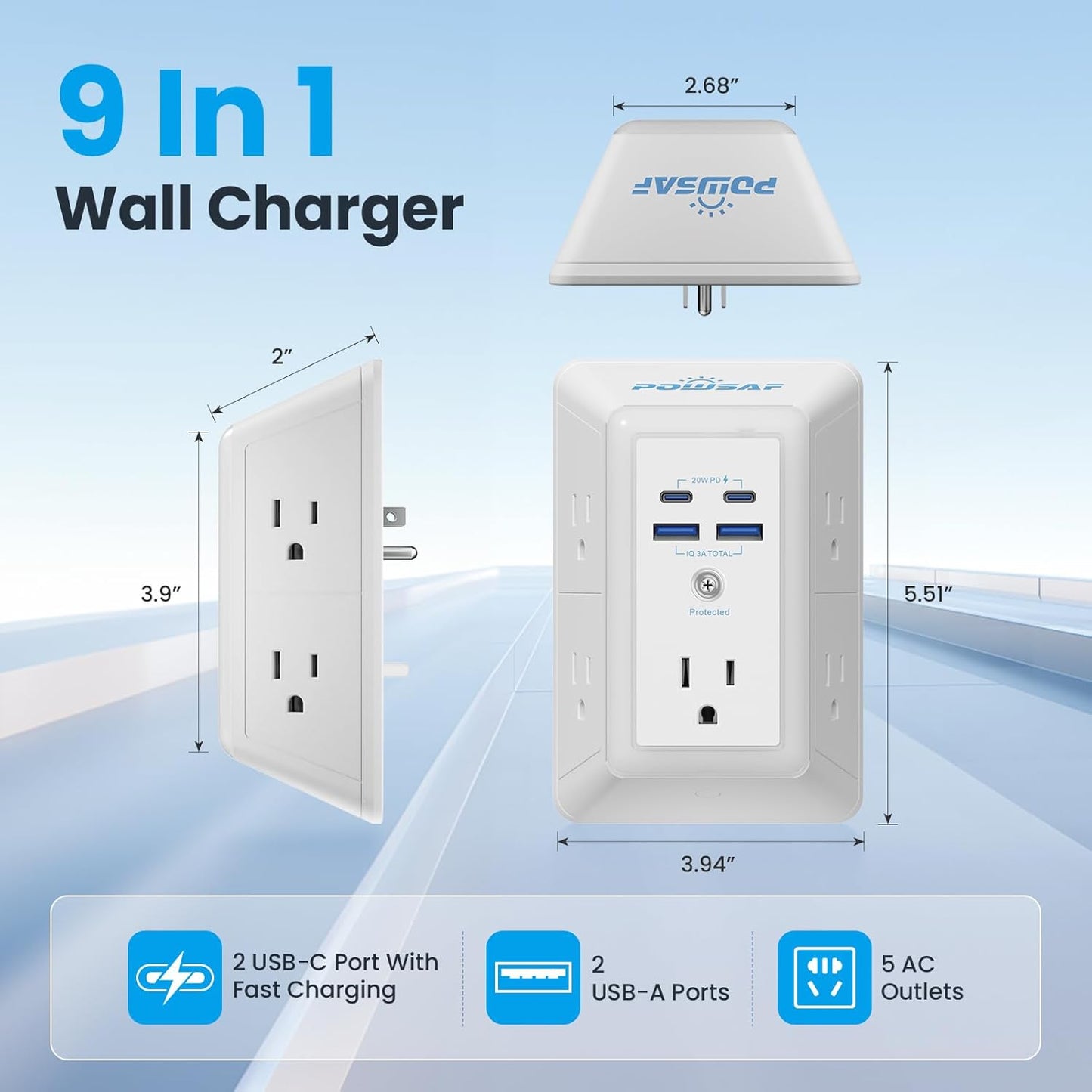 🔥HOT SALE 49% OFF 🔥POWSAF – Multi-function surge-protected power strip, 5-socket extension lead