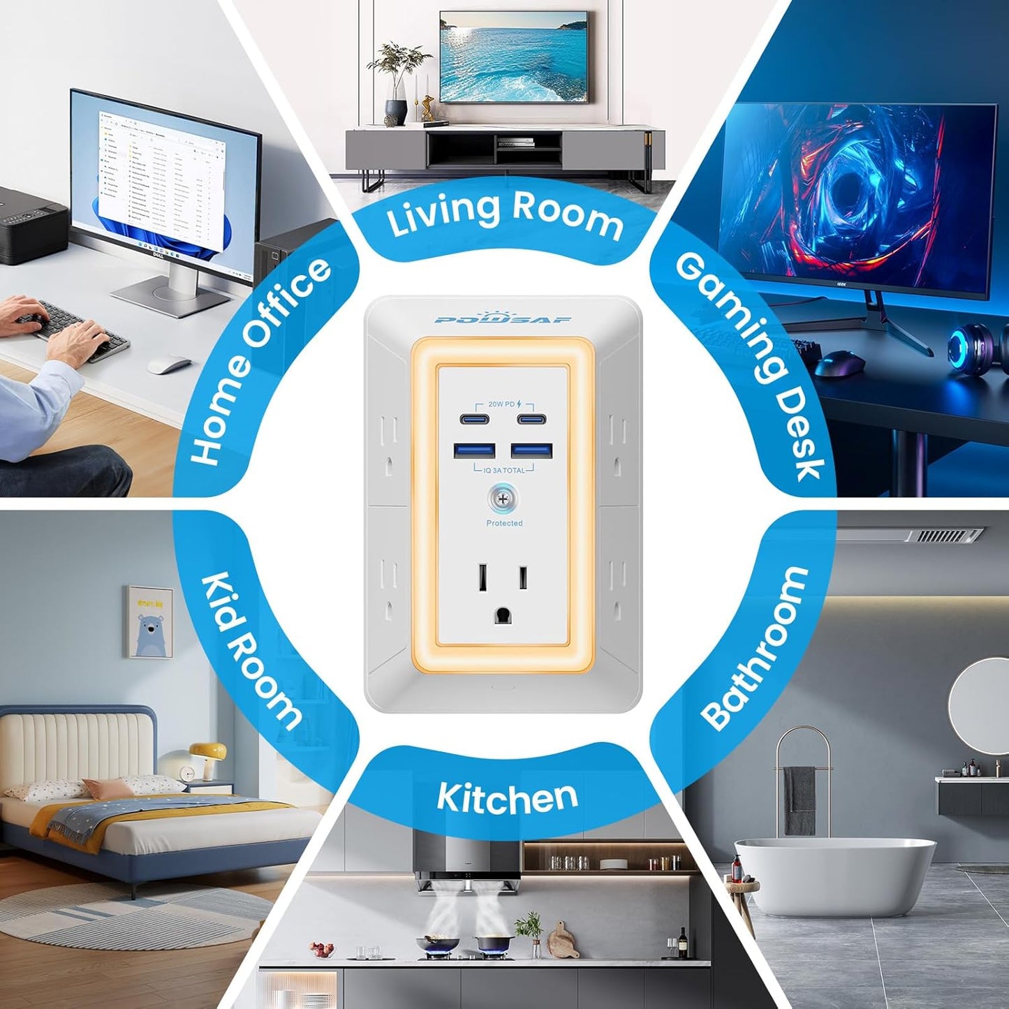 🔥HOT SALE 49% OFF 🔥POWSAF – Multi-function surge-protected power strip, 5-socket extension lead