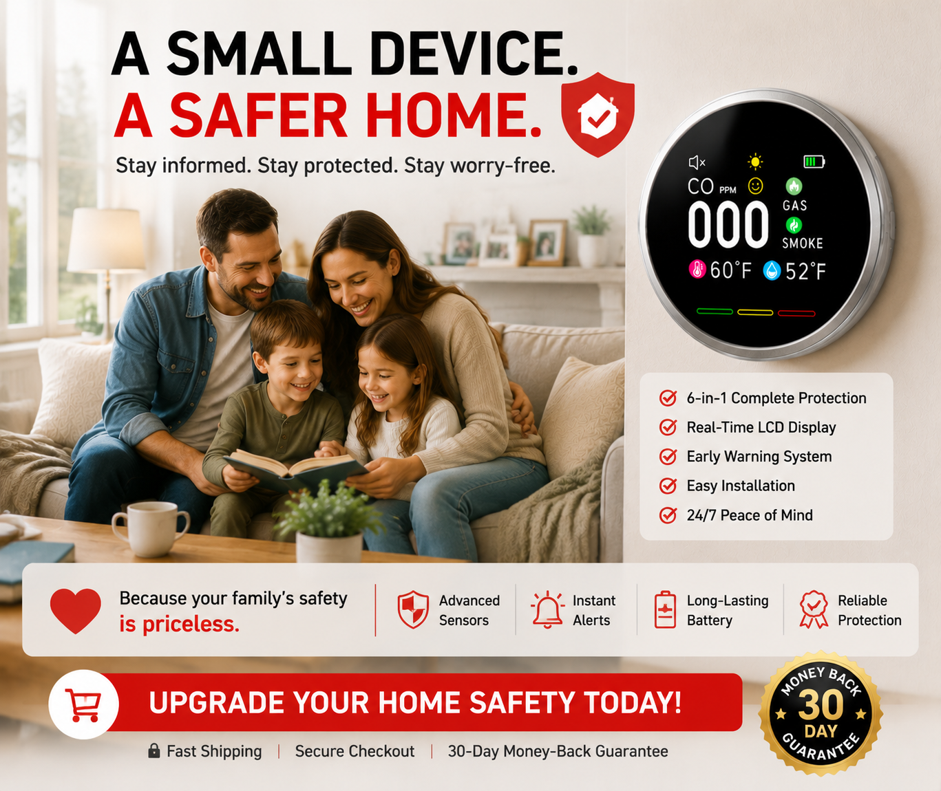 🚨 6-in-1 Smart Home Safety Detector | CO Gas Smoke Monitor
