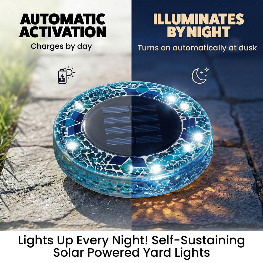 🔥HOT SALE 49% OFF 🔥 Solar Light: 6-LED Blue Mosaic Solar Disc Light – Waterproof Solar Garden Light with Automatic Switch