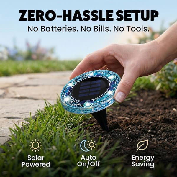 🔥HOT SALE 49% OFF 🔥 Solar Light: 6-LED Blue Mosaic Solar Disc Light – Waterproof Solar Garden Light with Automatic Switch
